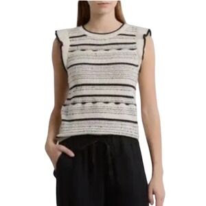 EVEREVE Cream Black Striped Knit Top Large Ruffle Sleeve Sweater Vest
